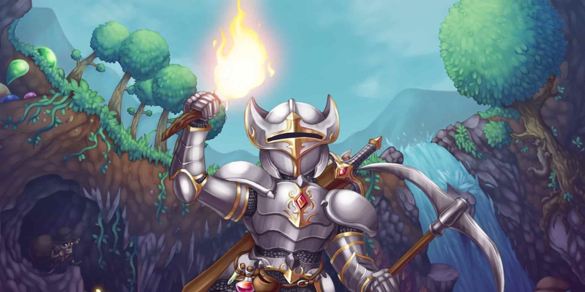 Terraria's key art showing a knight holding a flaming torch