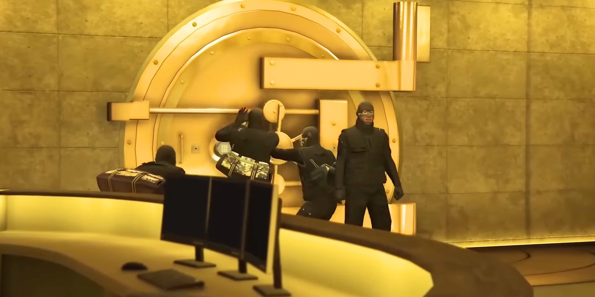 A group of four masked robbers trying to open a casino vault
