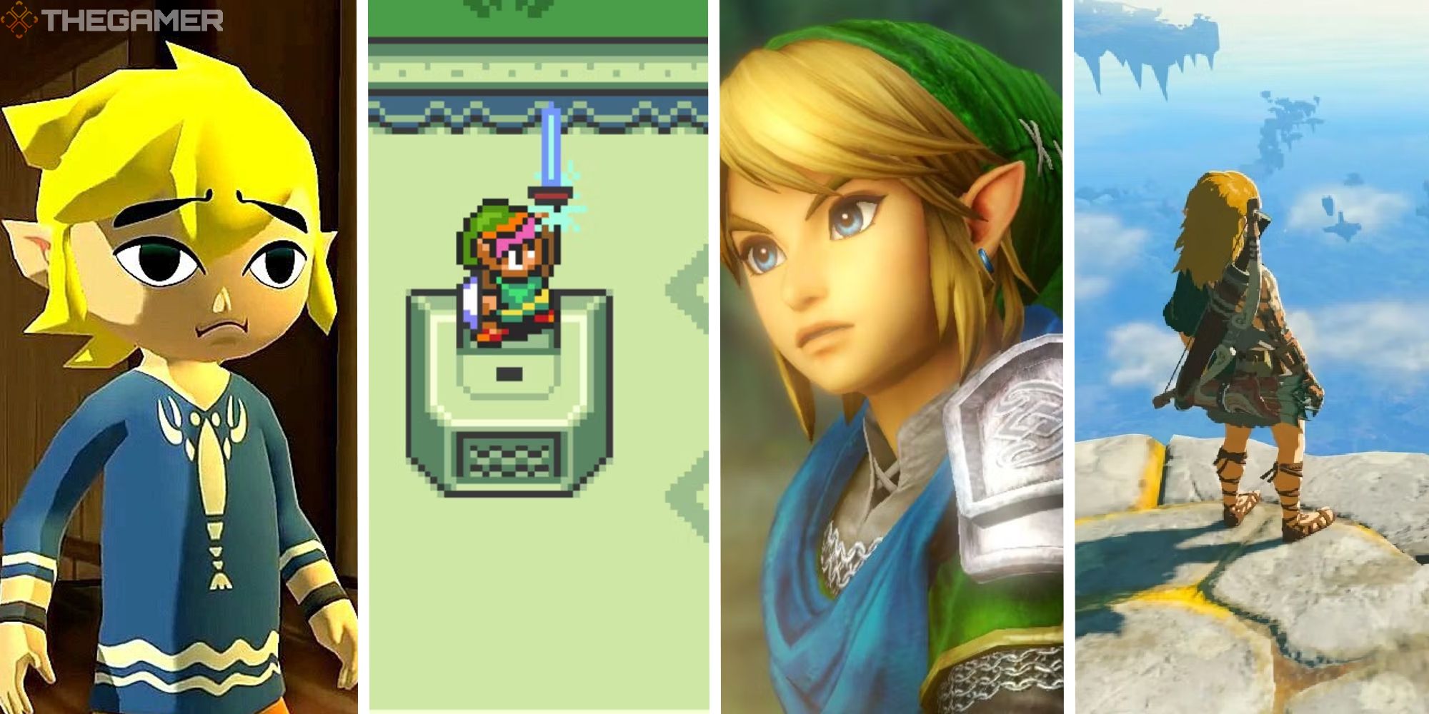 split image showing link from wind waker, link to the past, hyrule warriors, and tears of the kingdom
