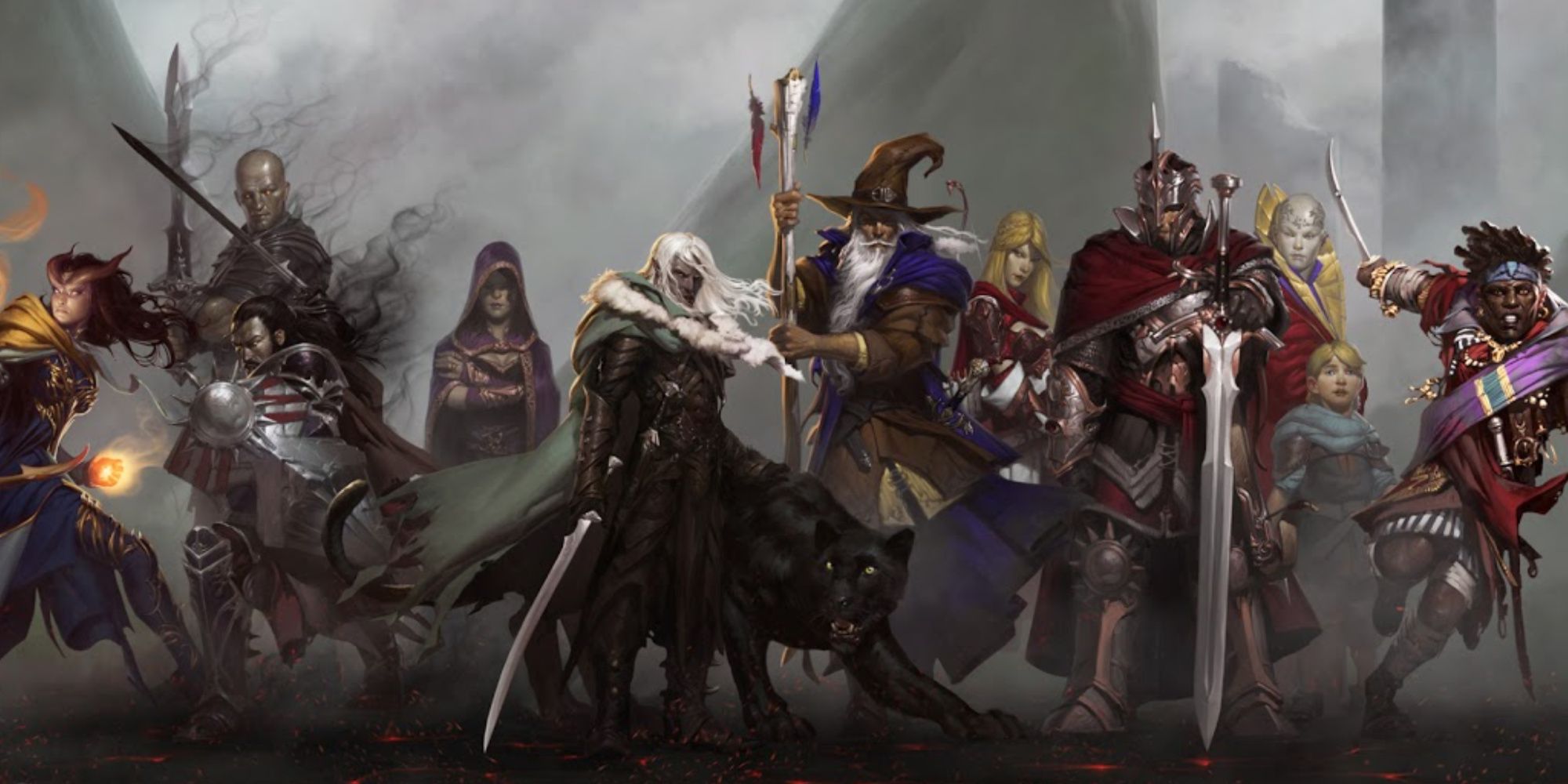 The Sundering Lineup by Tyler Jacobson featuring many different characters from dungeons & dragons like Drizzt Do'Urden, fighters, a sorcerer, a tiefling mage, and many adventurers