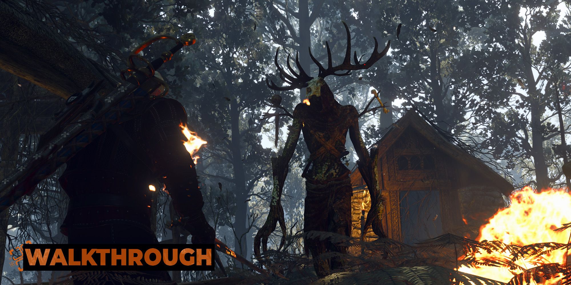 A leshen stalks towards Geralt menacingly in the woods of Skellige.