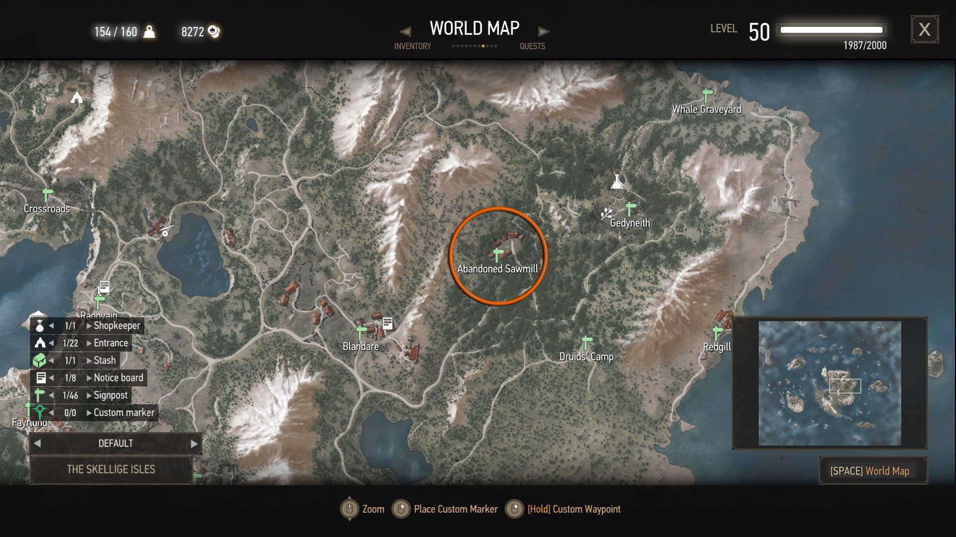 A screenshot of The Witcher 3&rsquo;s map with an orange circle over a quest objective.