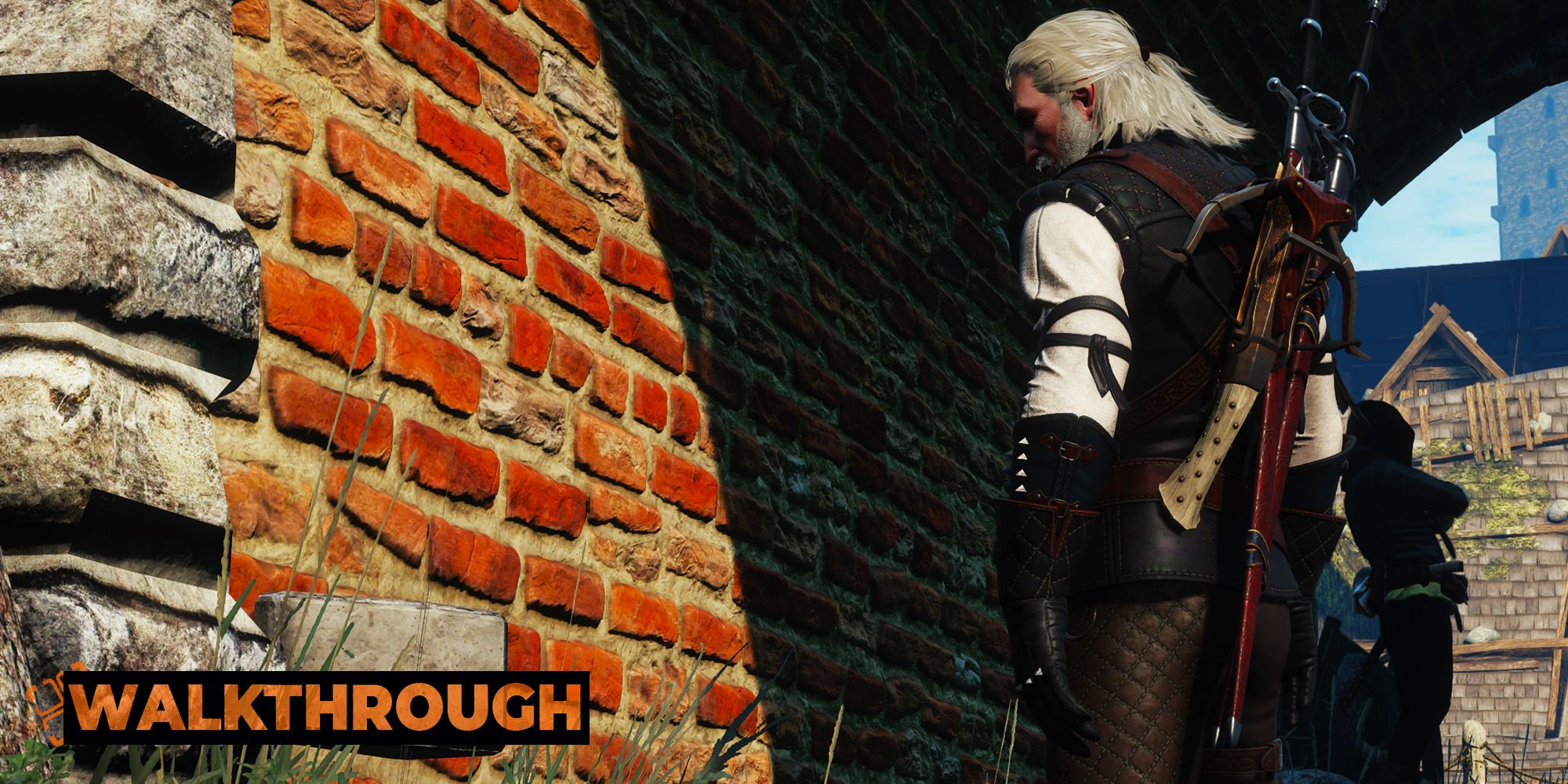 Geralt looks at a dislodged brick on a Novigrad wall.