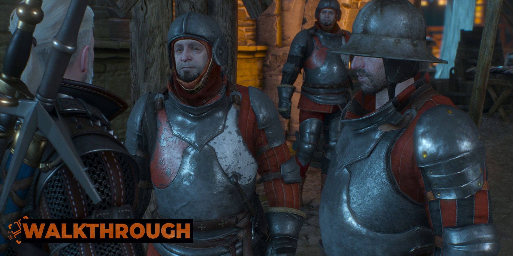 Two Novigrad guards confront Geralt at a checkpoint.