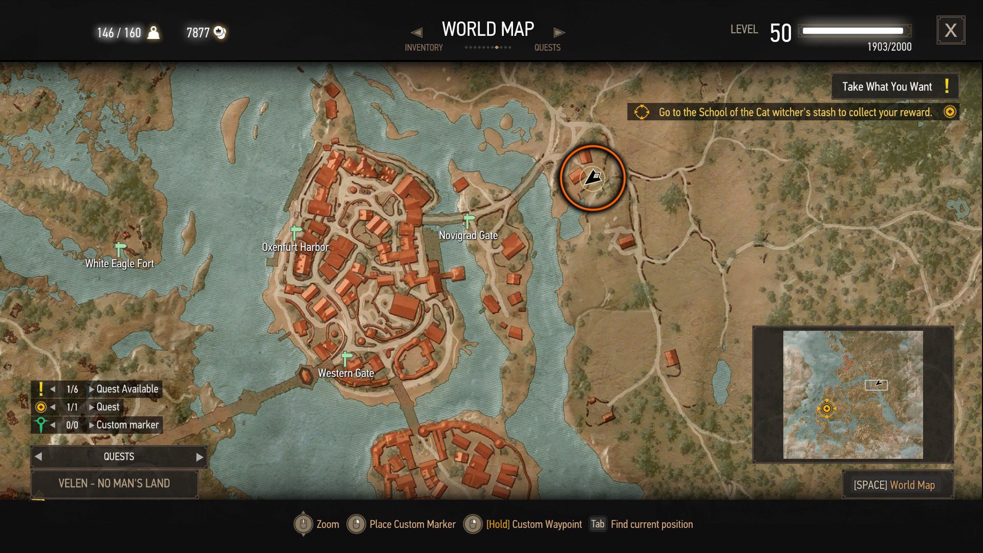 A screenshot of The Witcher 3&rsquo;s map with an orange circle over a quest objective.