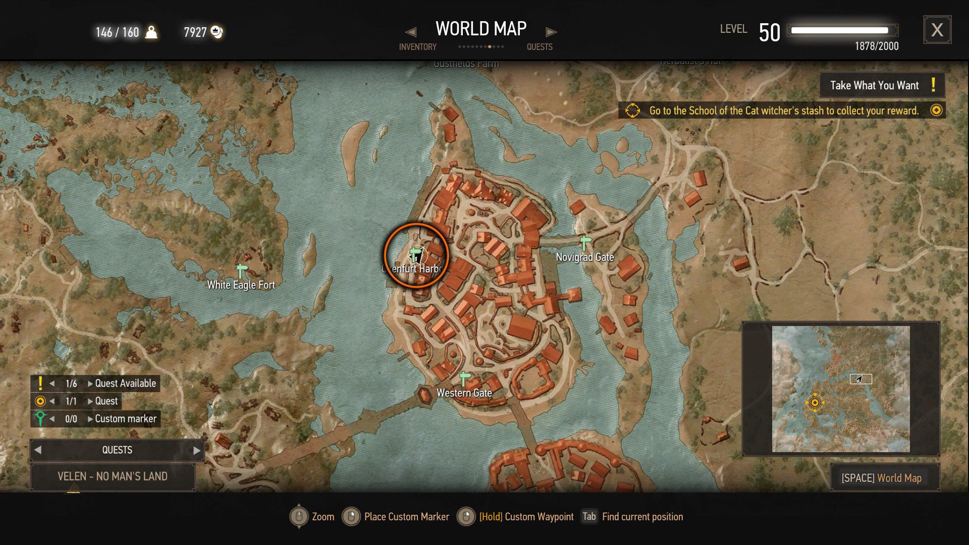 A screenshot of The Witcher 3&rsquo;s map with an orange circle on a quest objective.