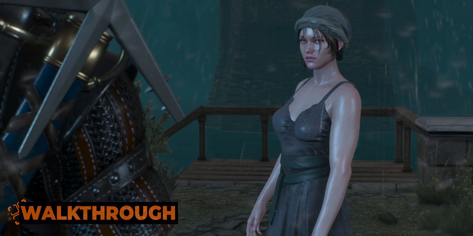 A woman wearing simple clothes talks to Geralt on a rainy night.