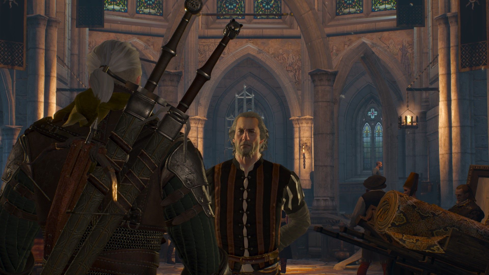 Geralt is greeted by the Chamberlain as he arrives in Vizima&rsquo;s royal palace.