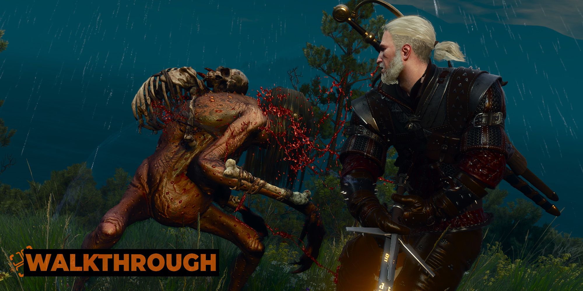 Geralt battles a grave hag in the rain, sending its blood flying with a slash.