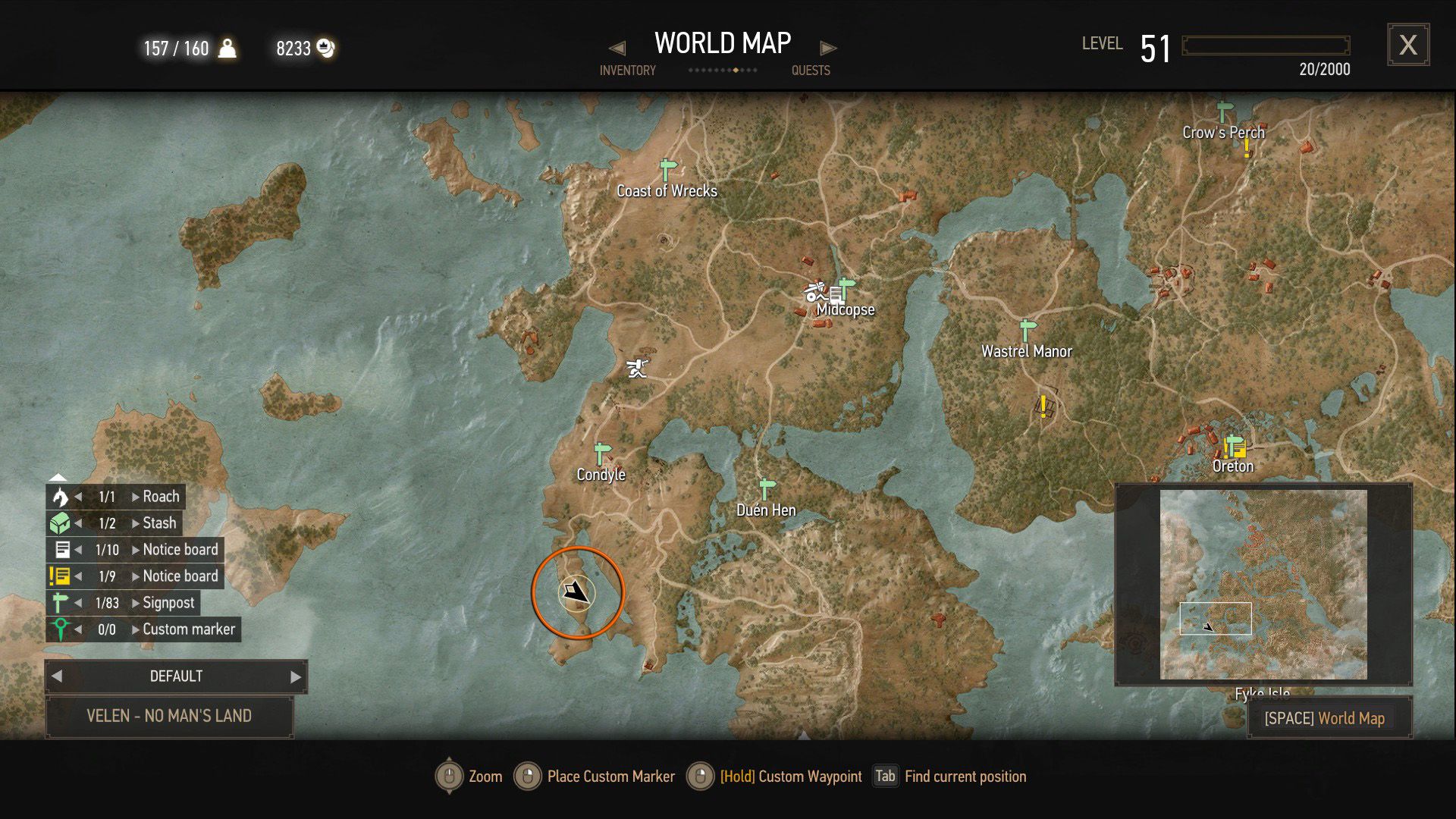 A screenshot of The Witcher 3&rsquo;s map with an orange circle over a quest objective.