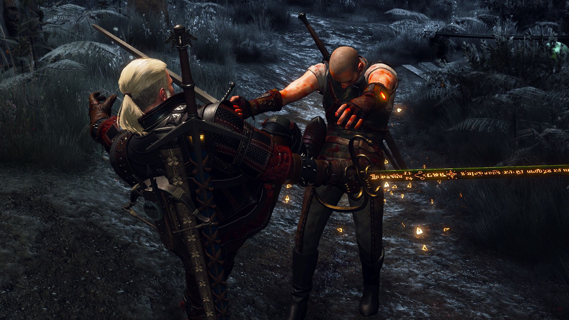 Geralt kicks Gaetan away as they duel in Velen.