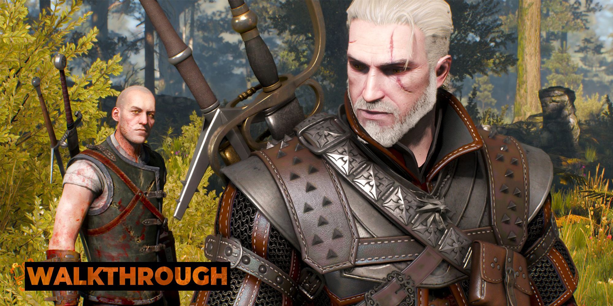 Geralt looks over his shoulder as he talks to a blood-drenched witcher.