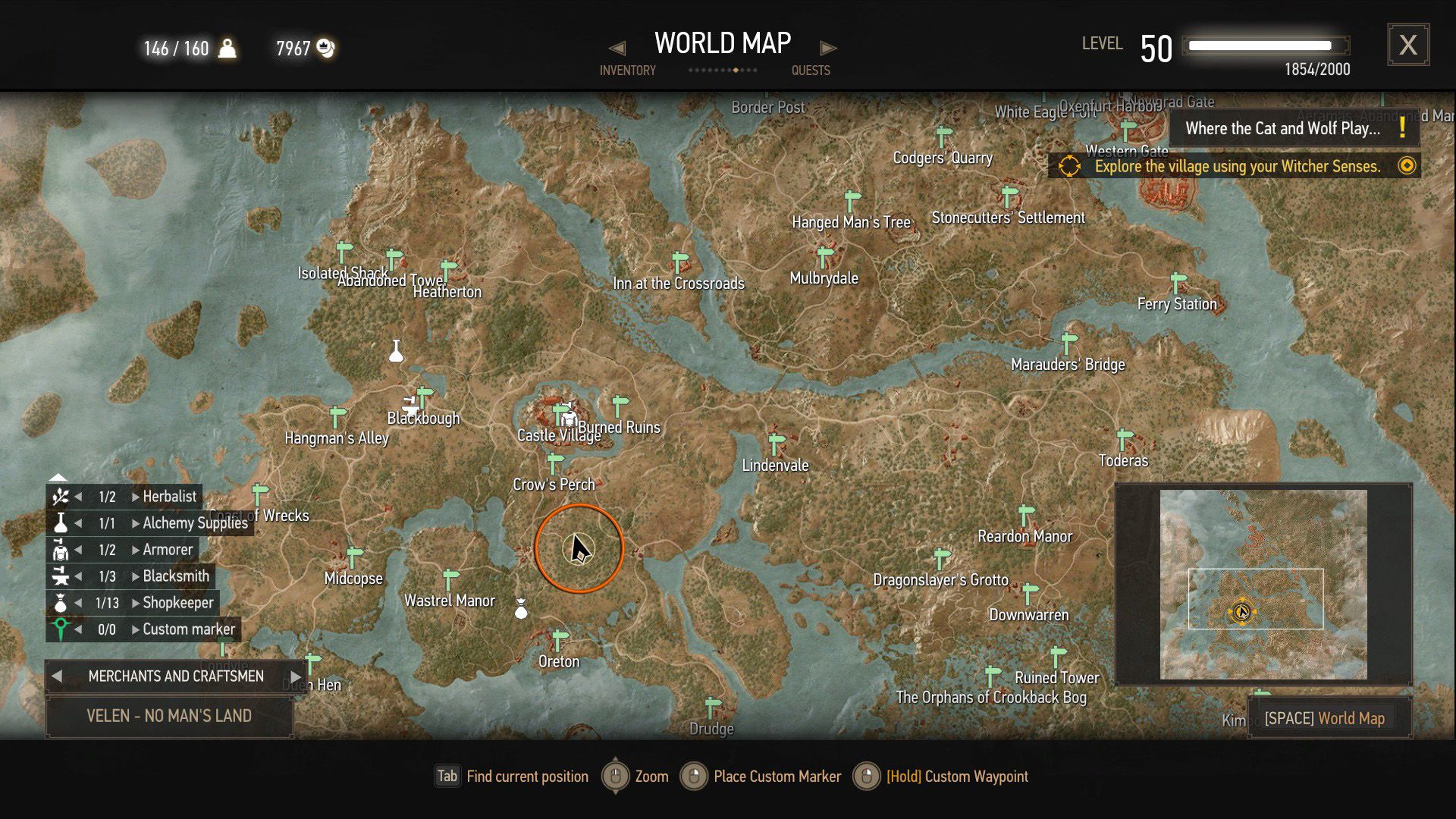 A screenshot of The Witcher 3&rsquo;s map with an orange circle over a quest objective.