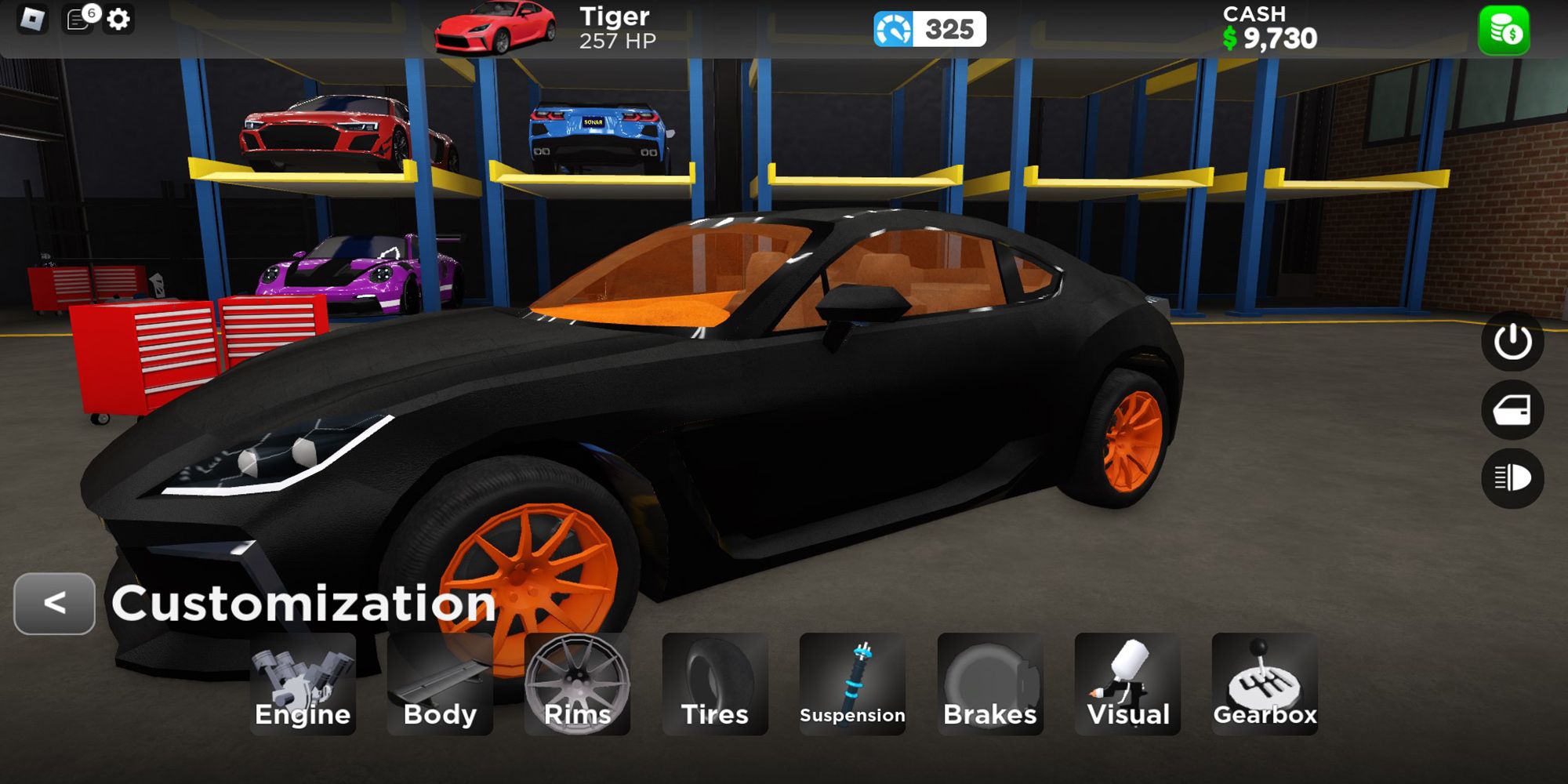 A sports car with TheGamer's iconic orange and black color scheme in the Roblox game, Drive World.