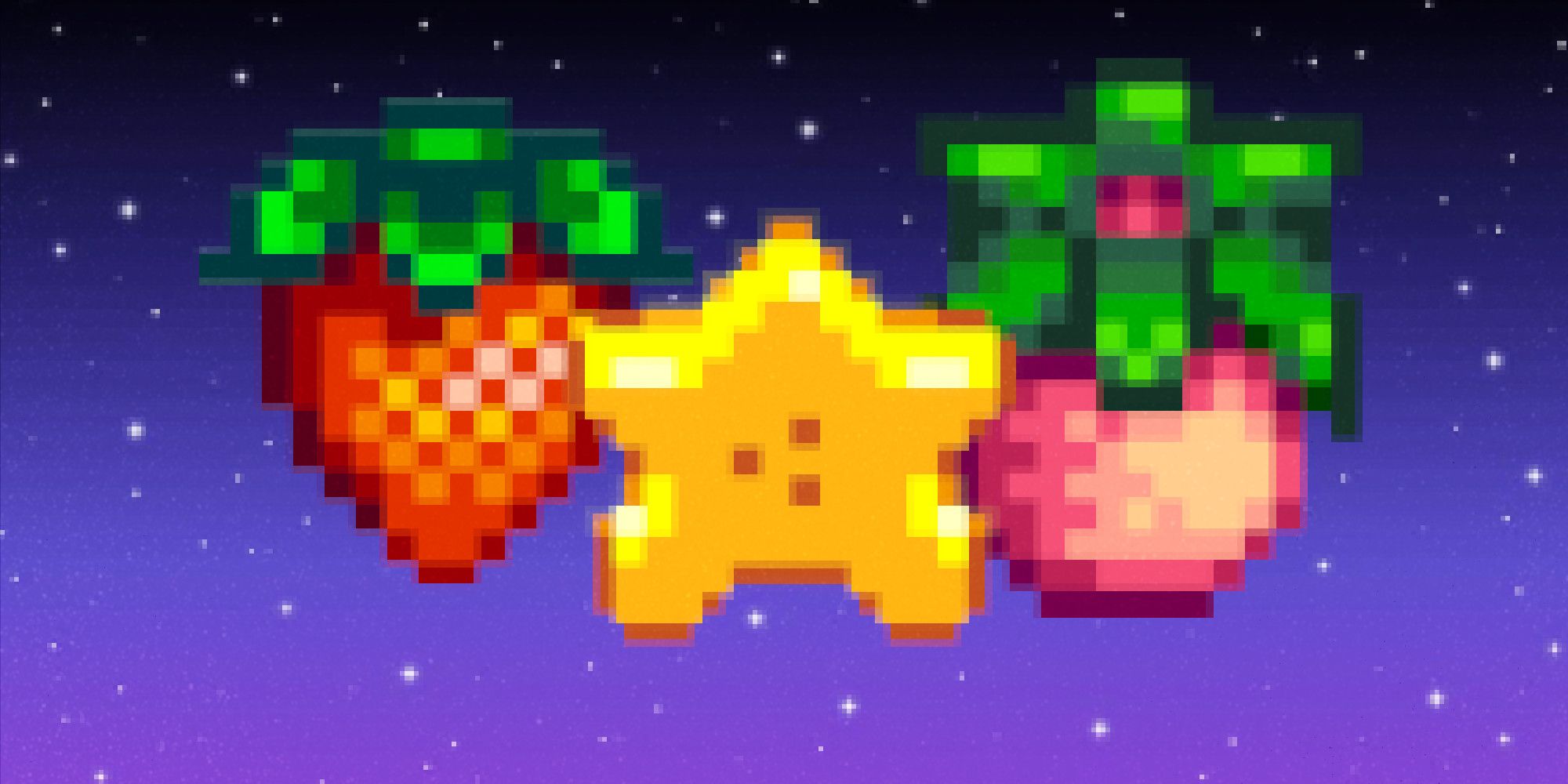 Three fruits–strawberry, star fruit, and a melon–from Stardew Valley in front of a pixel night sky backdrop