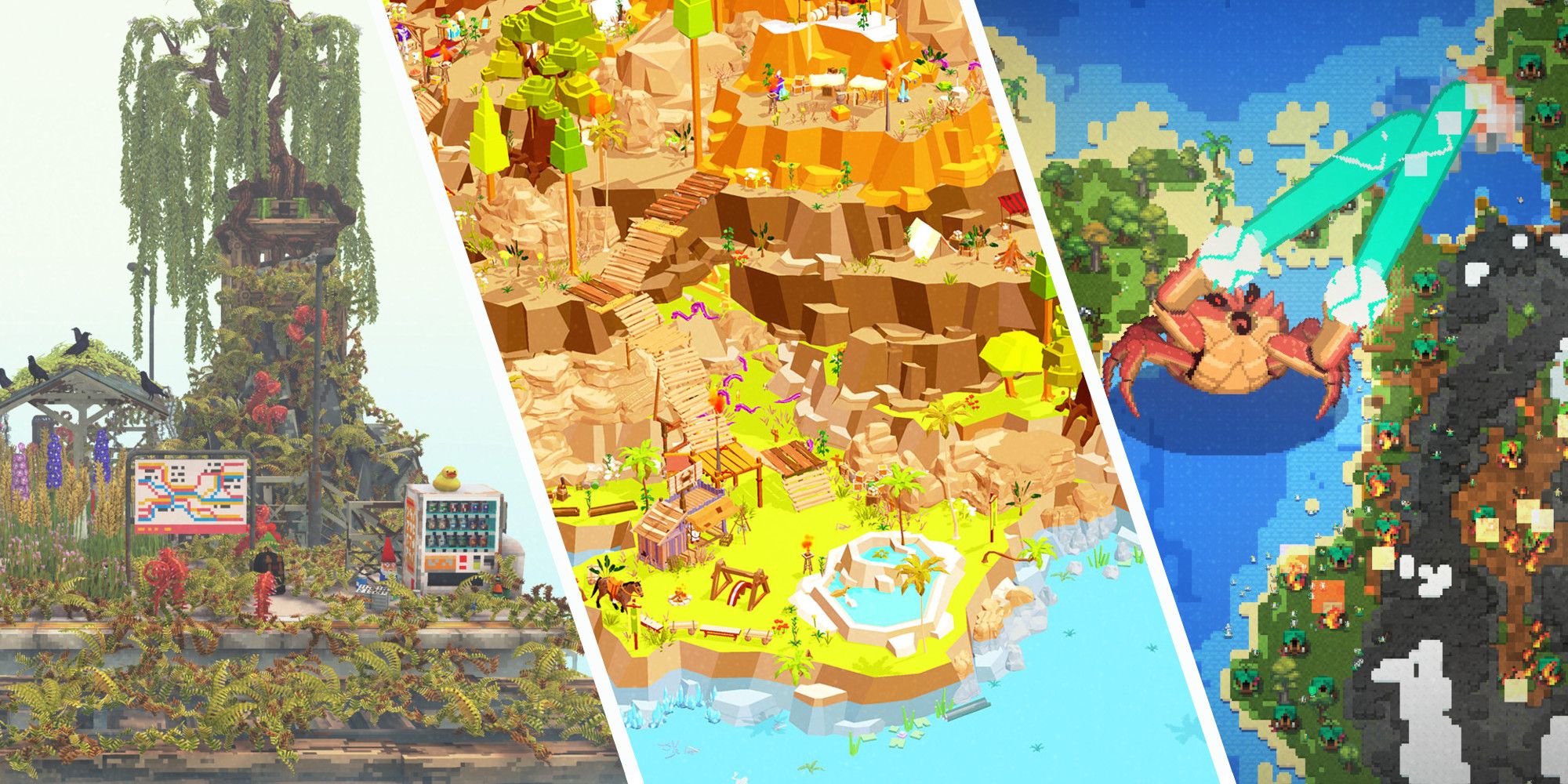 Three images from different sandbox games: Cloud Gardens, Super Build, and WorldBox - God Simulator