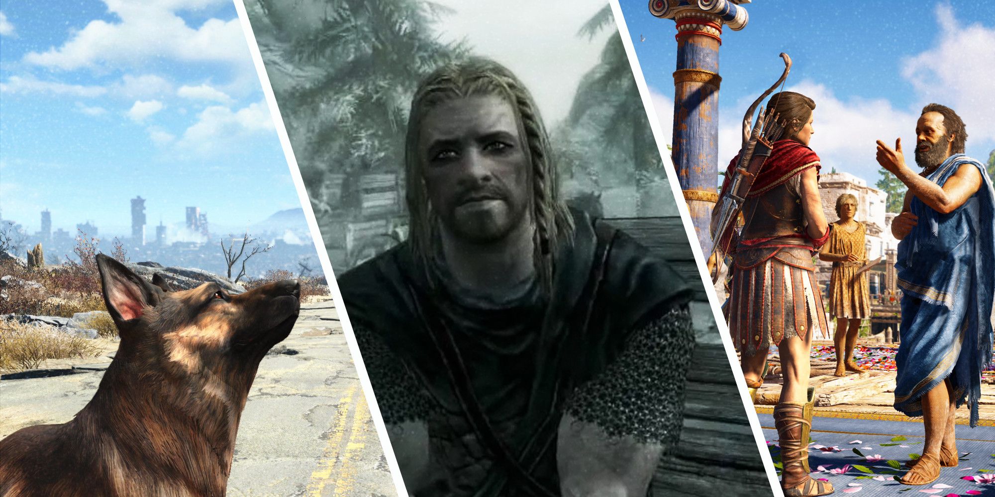 Three images from three games. In order: a dog from Fallout 4, the opening scene from Skyrim, and characters from Assassins Creed Odyssey