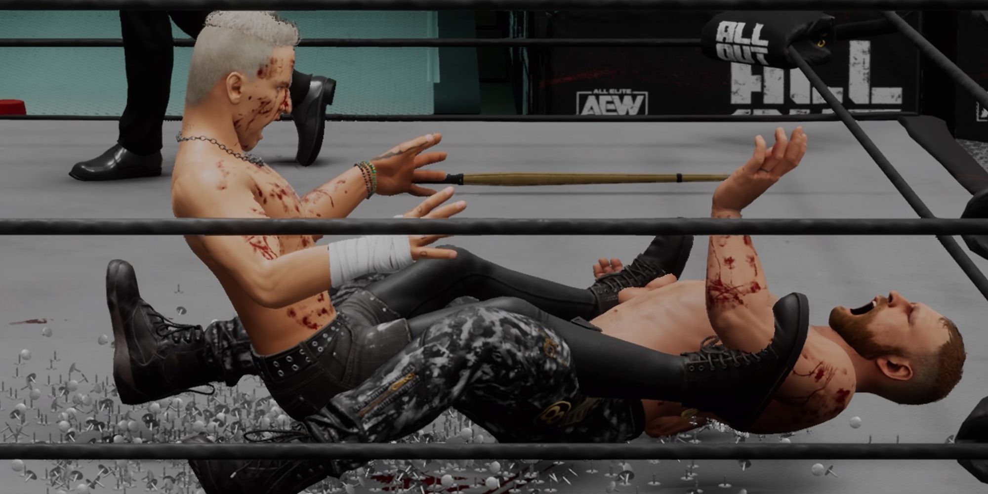 Darby Allin and Jon Moxley both screen in agony as the former lands a Code Red onto a pile of thumbtacks in AEW Fight Forever.