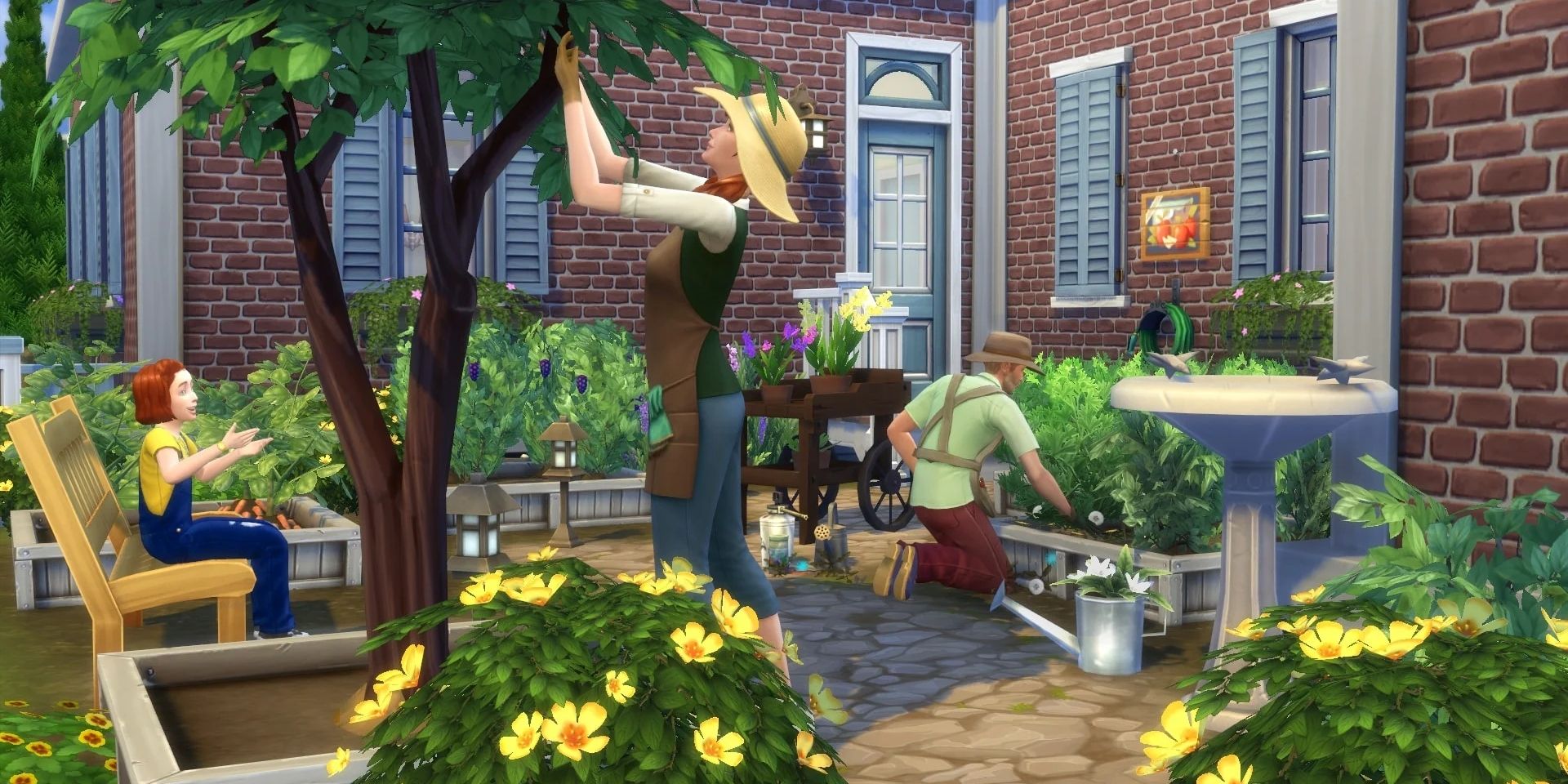 Two Sims tending to a tree and plants while a child Sim watches on a bench