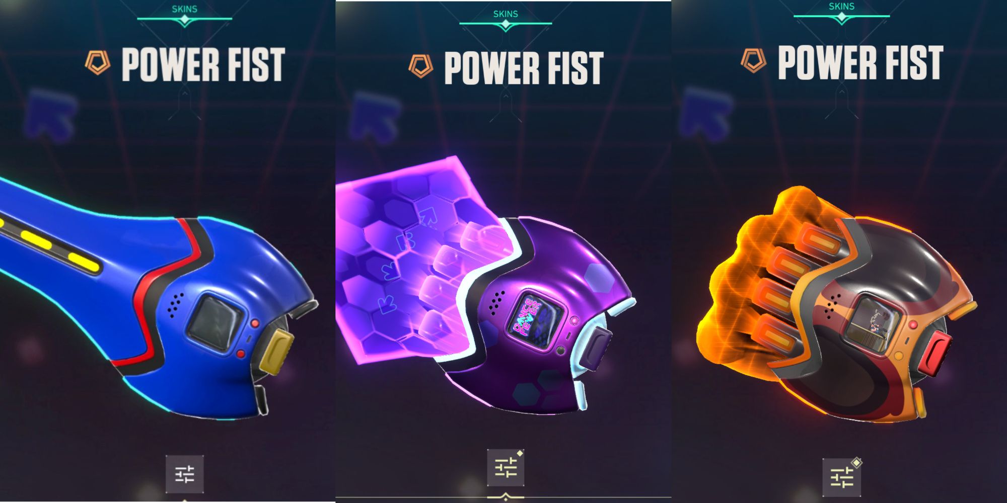 An image from Valorant of the Power Fist knife skin, which features three different styles. This split image features the metro styled blue blade, the dance dance revolution purple handheld game, and the orange fist inspired by games like Street Fighter.