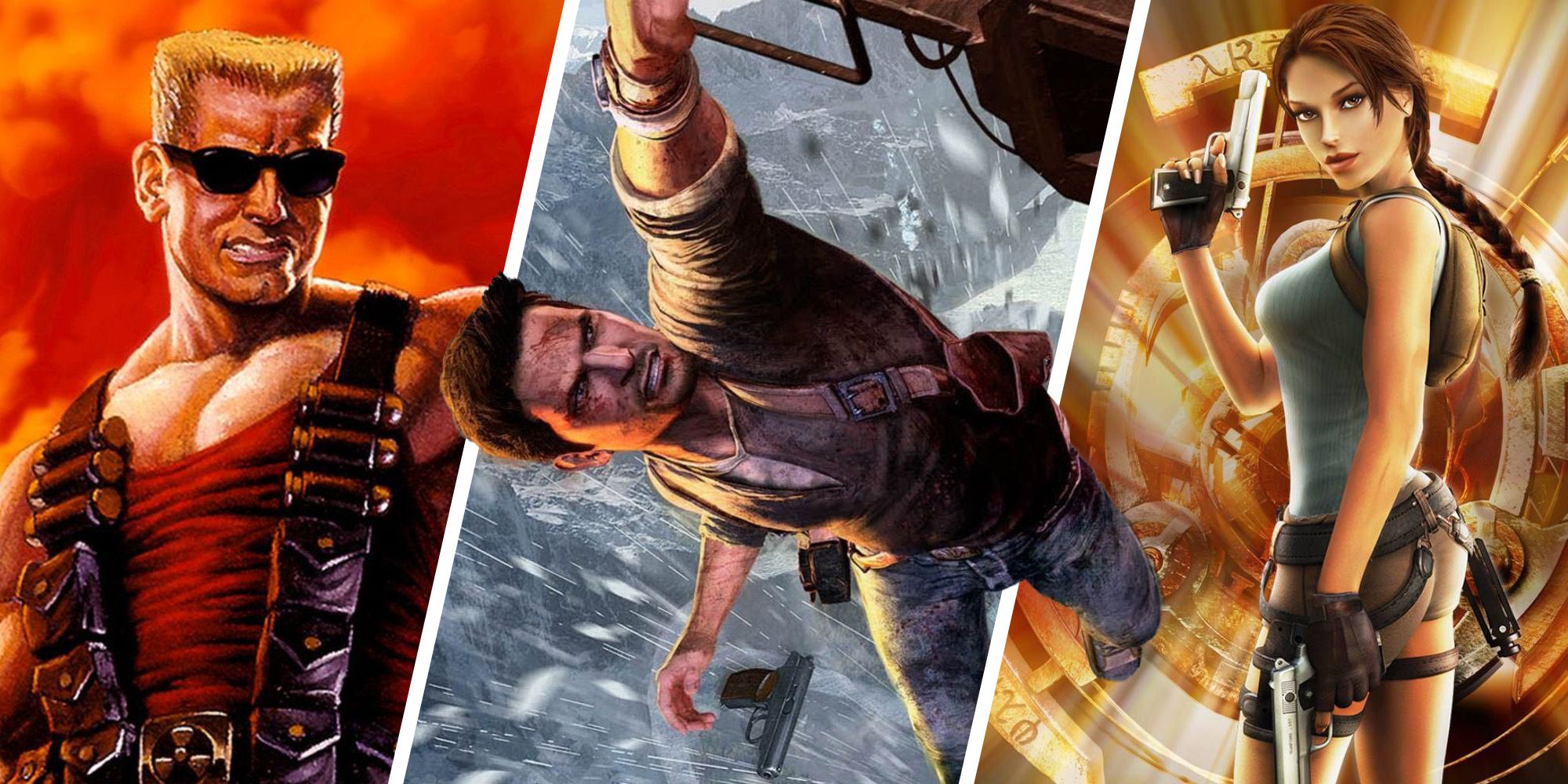 Best Video Game Action Heroes - Split Image Of Duke Nukem, Nathan Drake, And Lara Croft