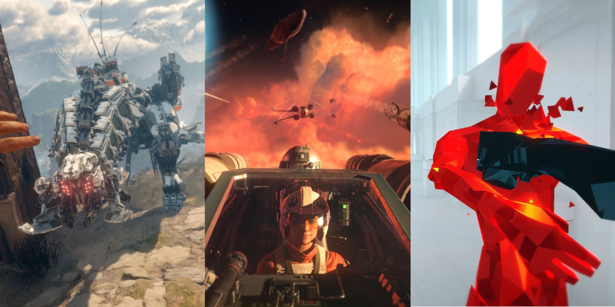 A robot in Horizon Call Of The Mountain, a pilot in Star Wars: Squadrons, a  charcter punches in SUPERHOT