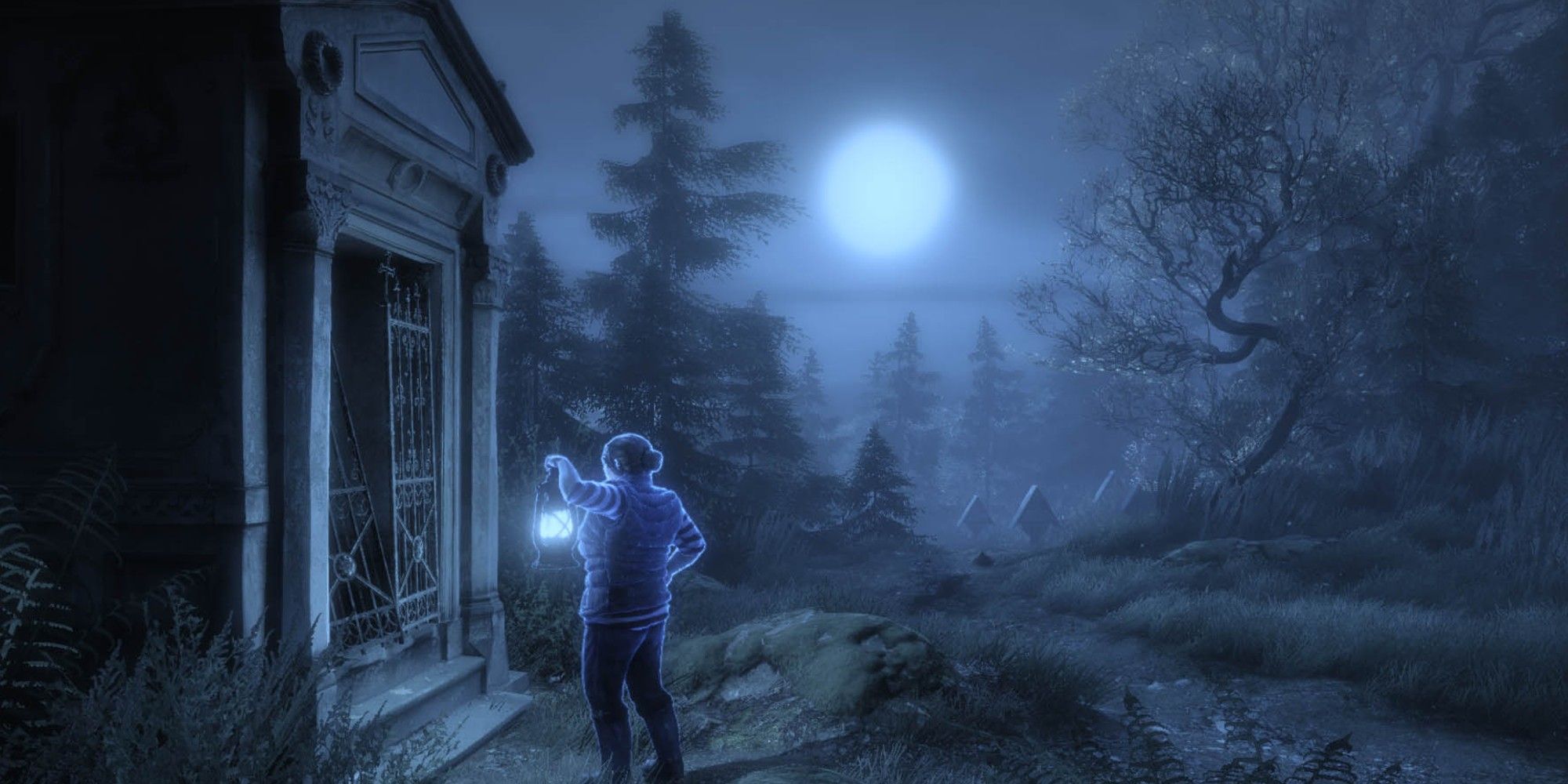 Ghostly figure holding a lantern in front of an old building in the moonlight. 
