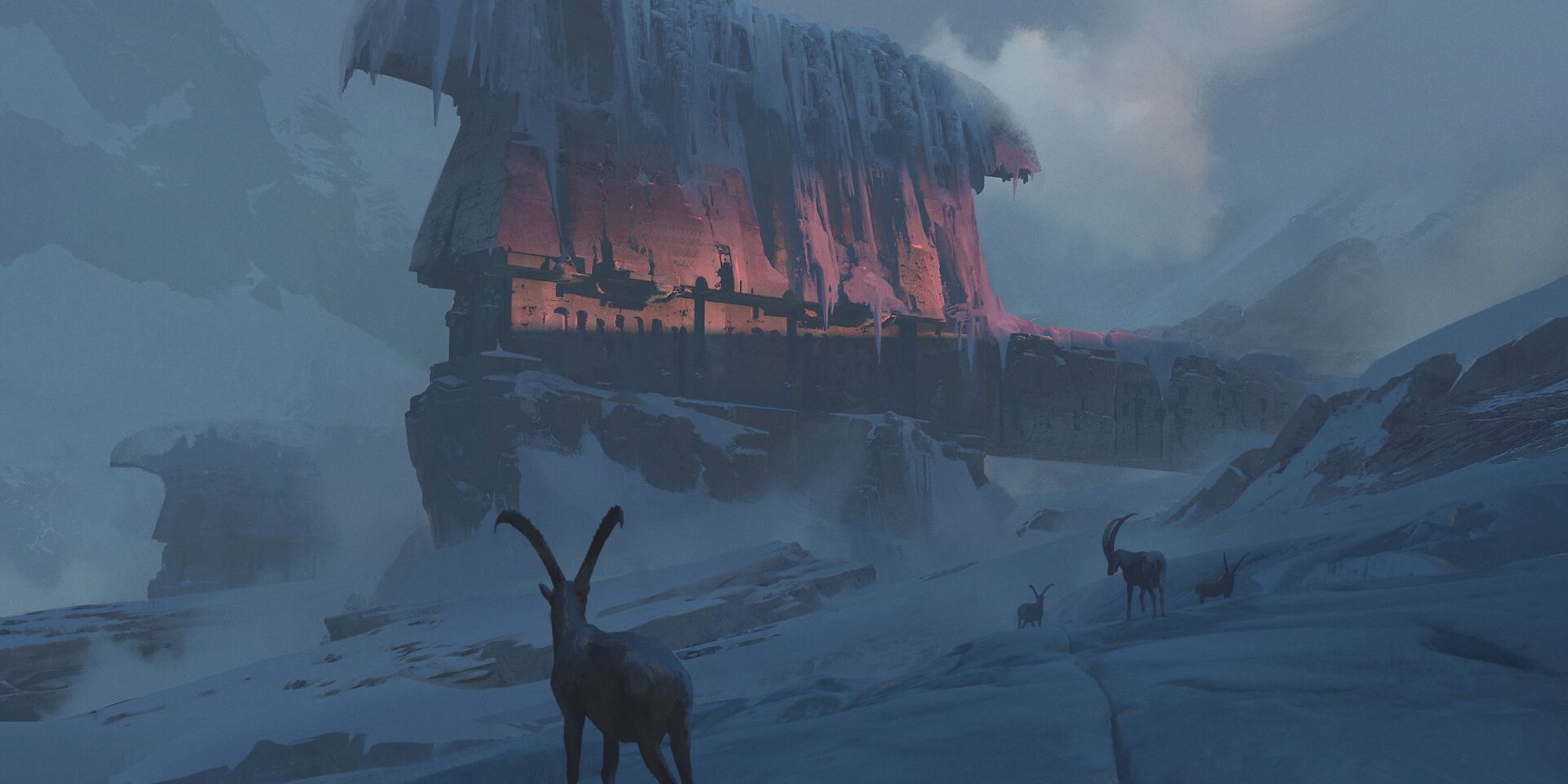 winter tundra with animals and a frozen building rime of the frostmaiden by Jedd Chevrier