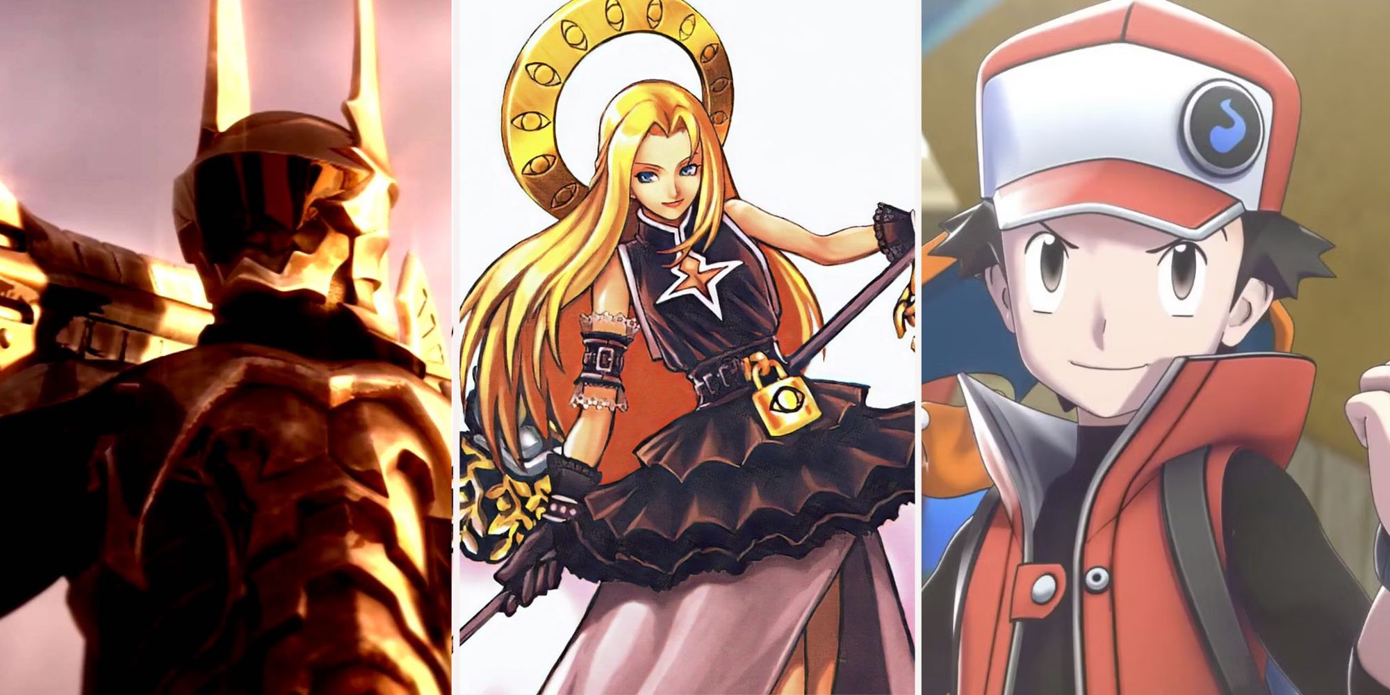 Split images of Lingering Will in Kingdom Hearts 2, Ethereal Queen in Valkyrie Profile, and Red from Pokemon.