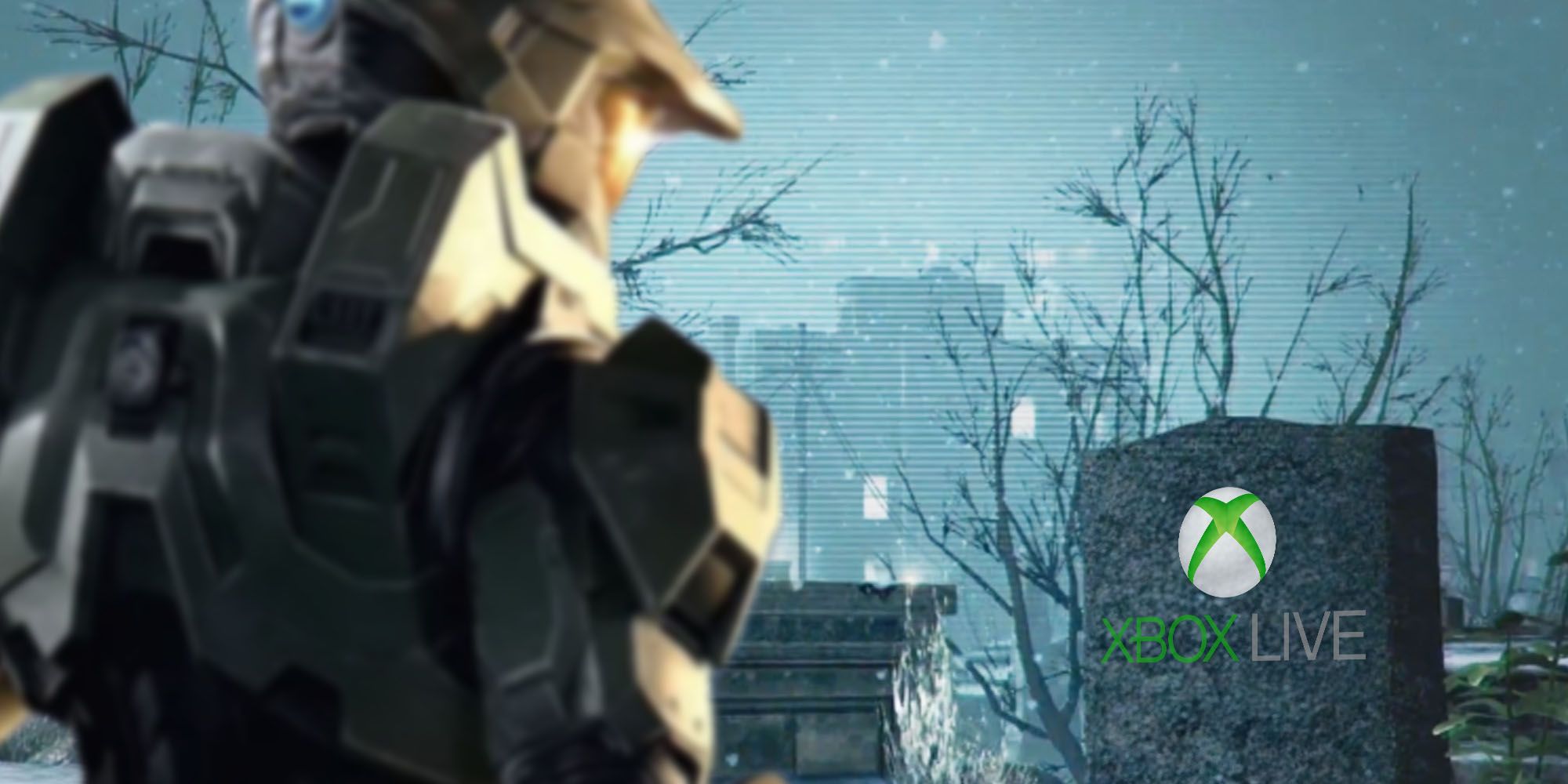 Master Chief from Halo Infinite looking at a grave from Max Payne with the Xbox Live logo on top