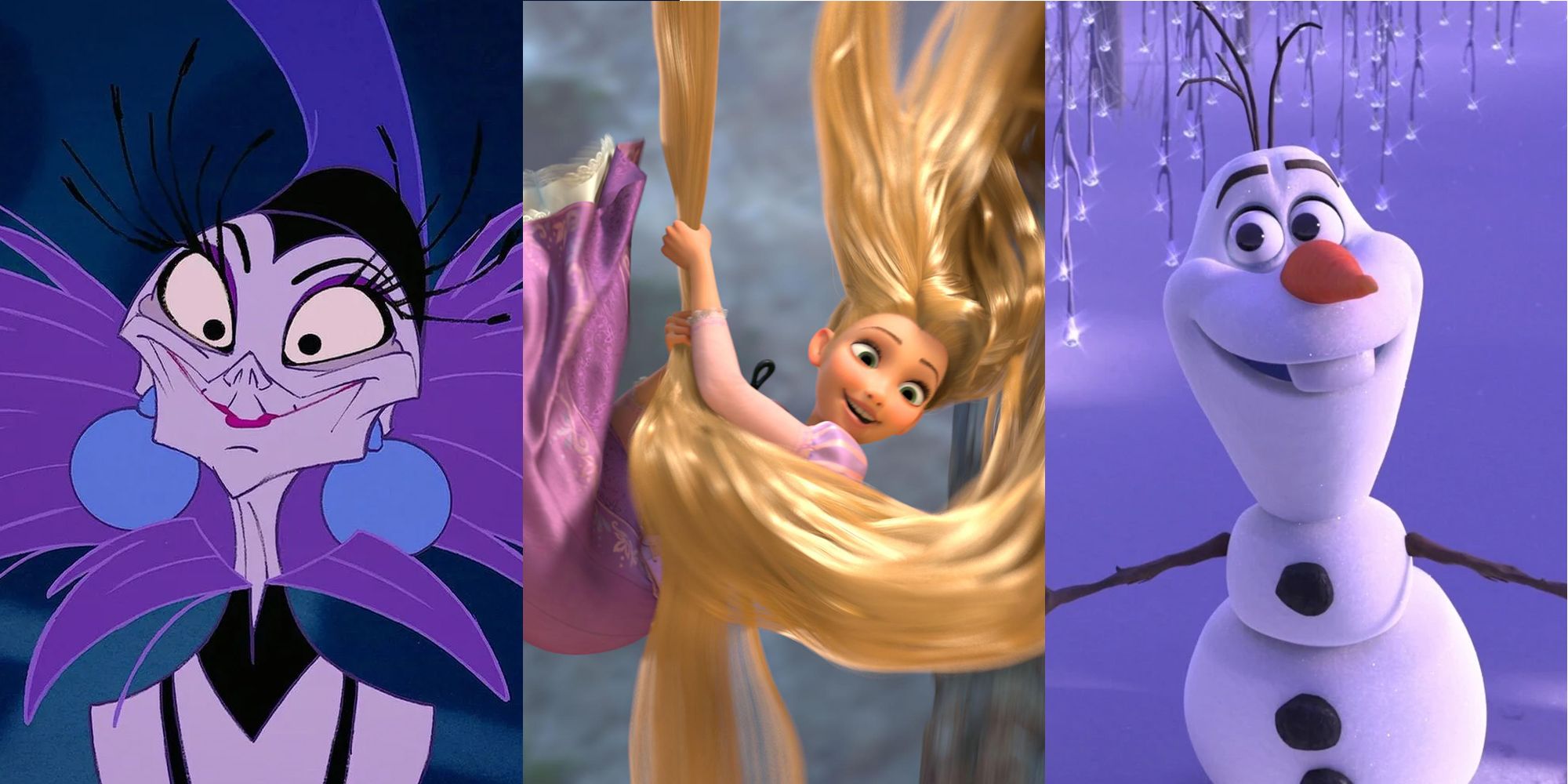 Yzma Smiling. Rapunzel swimming on hair. Olaf open arms.