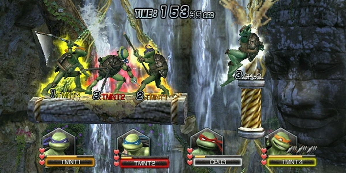The Ninja Turtles fight by a waterfall