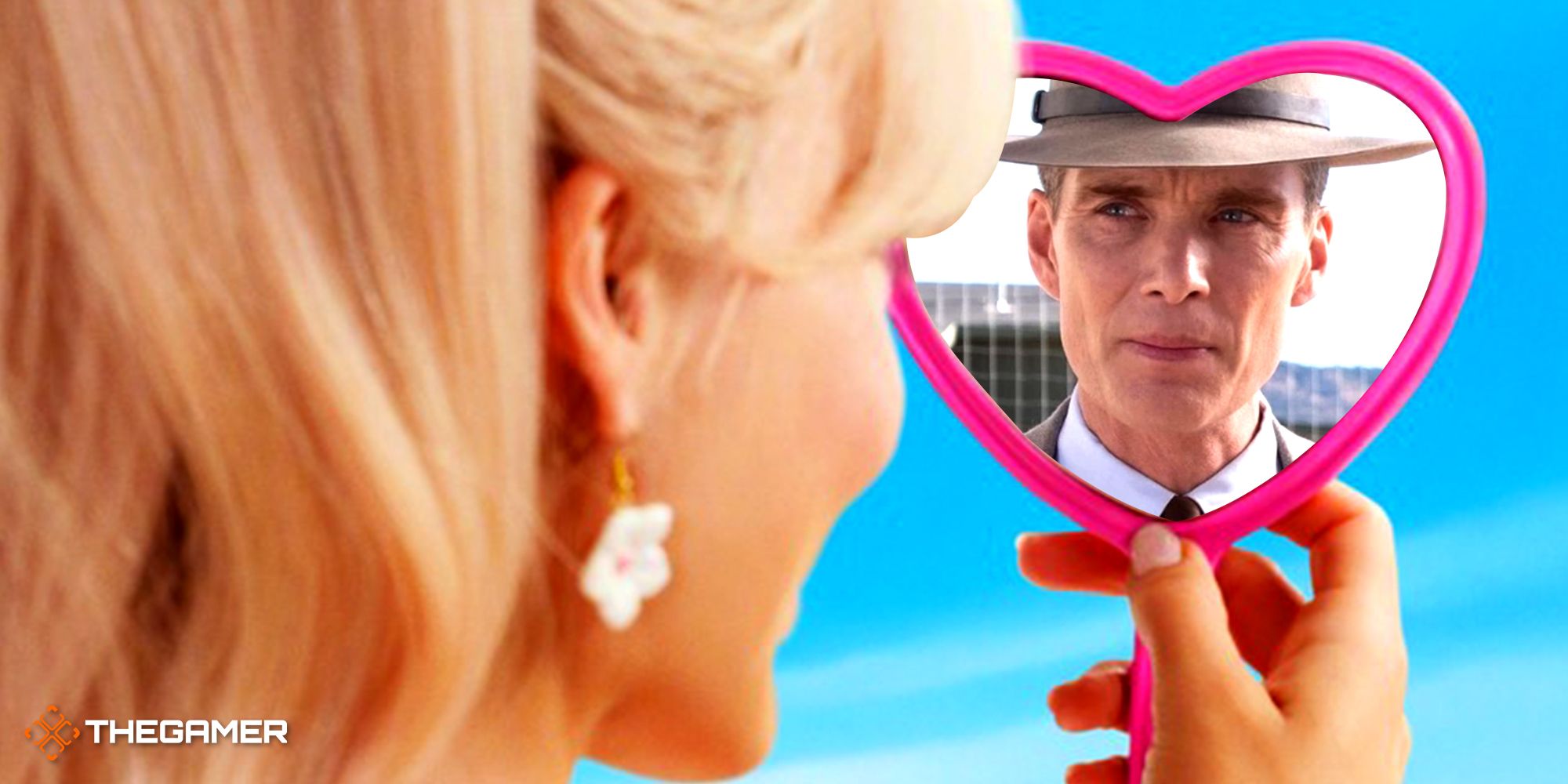 Barbie looking at Oppenheimer in a heart-shaped mirror