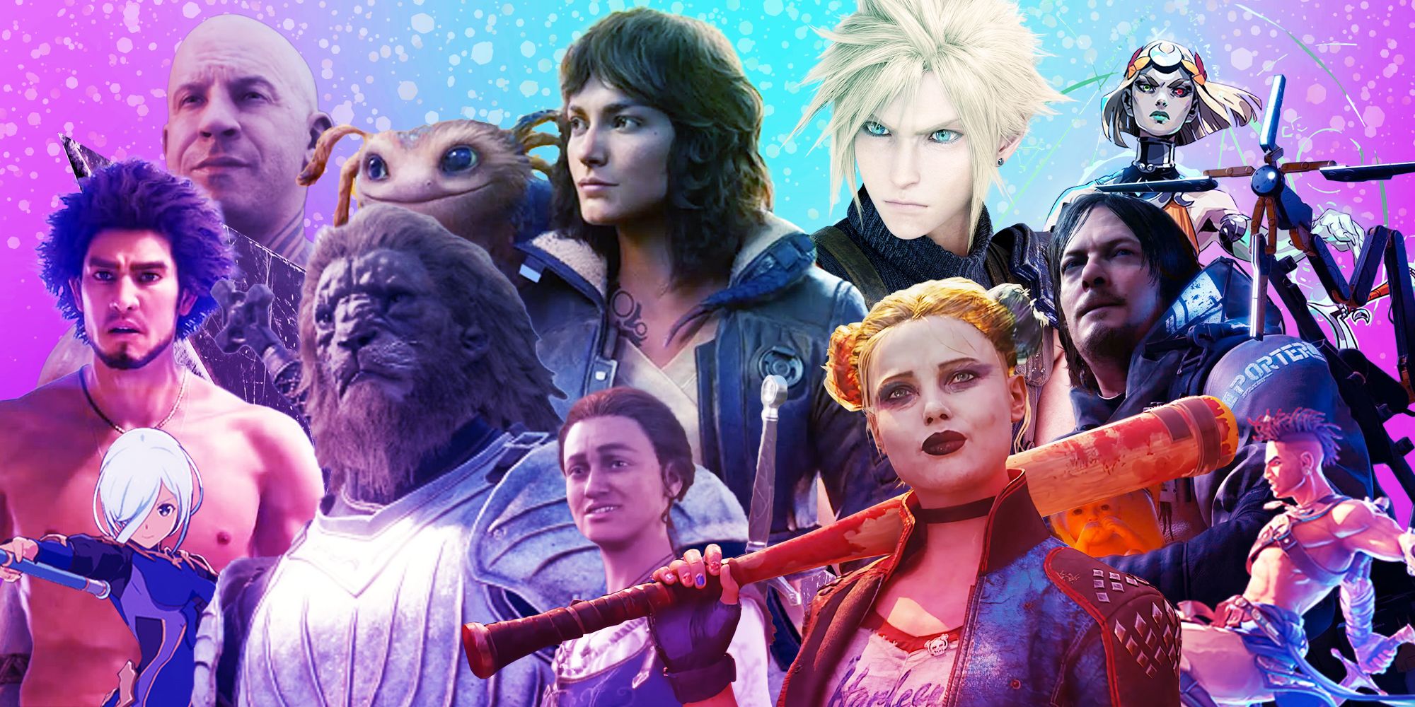 2024 Spielecollage mit Ark 2, Like a Dragon: Infinite Wealth, Blue Protocol, Fable 4, Dragon's Dogma 2, Star Wars Outlaws, Final Fantasy 7 Rebirth, Suicide Squad Kills the Justice League, Death Stranding 2, Hades 2 und Prince of Persien: Die verlorene Krone