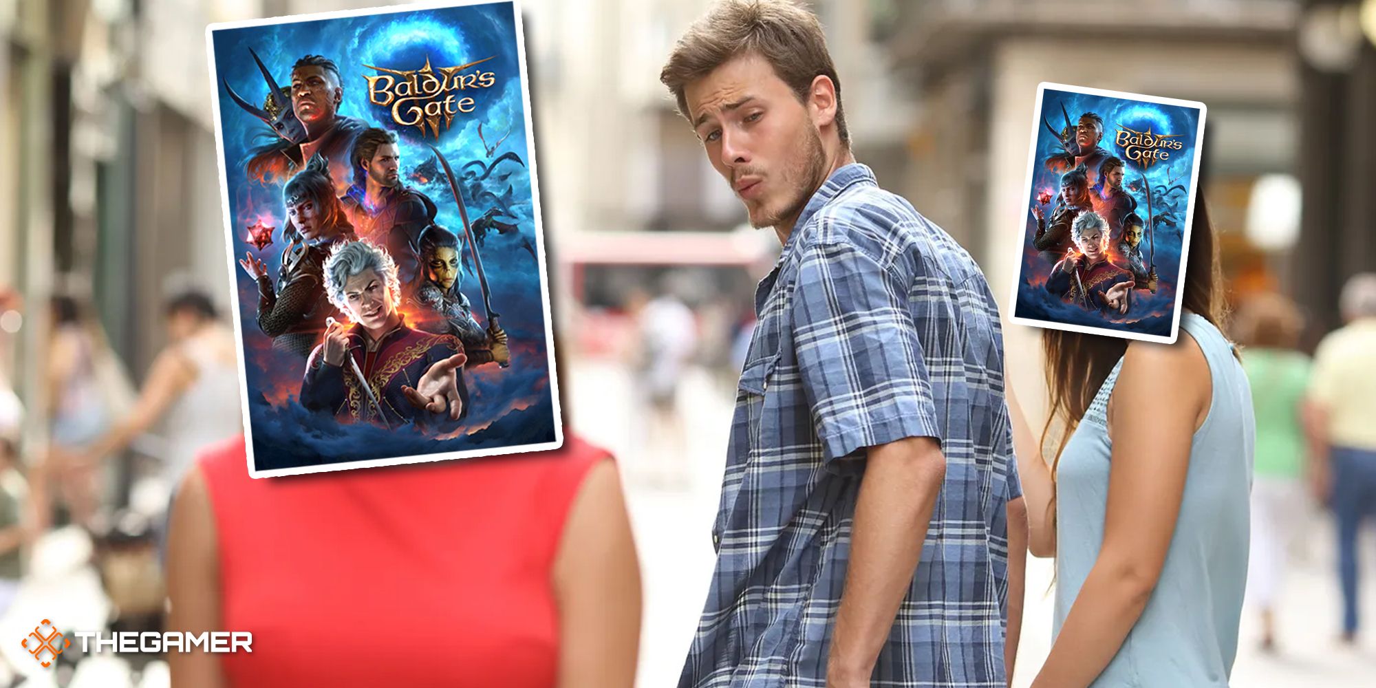 Distracted Boyfriend meme but both women's heads have been replaced with the cover art for Baldur's Gate 3