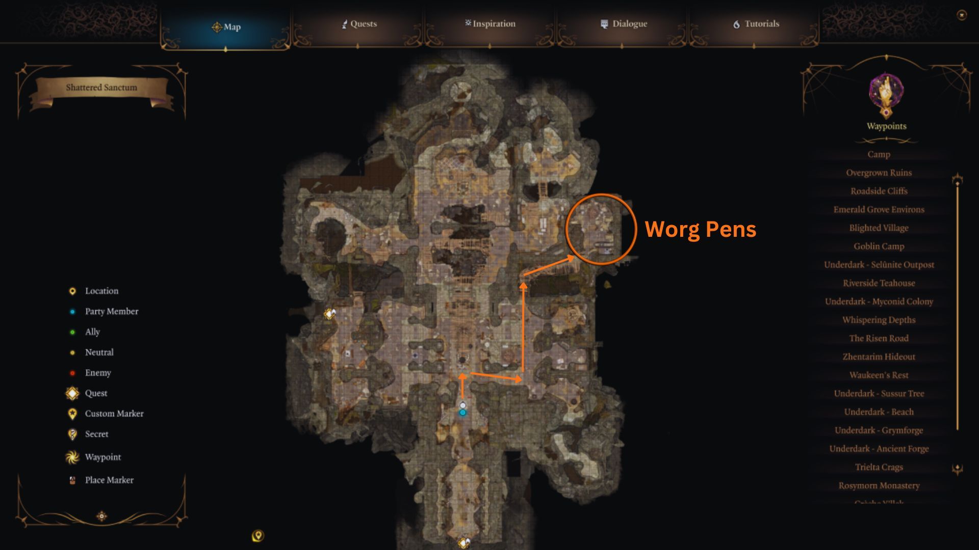 Baldur's Gate 3 - Map of the Shattered Sanctum, with arrows pointing towards the Worg Pen