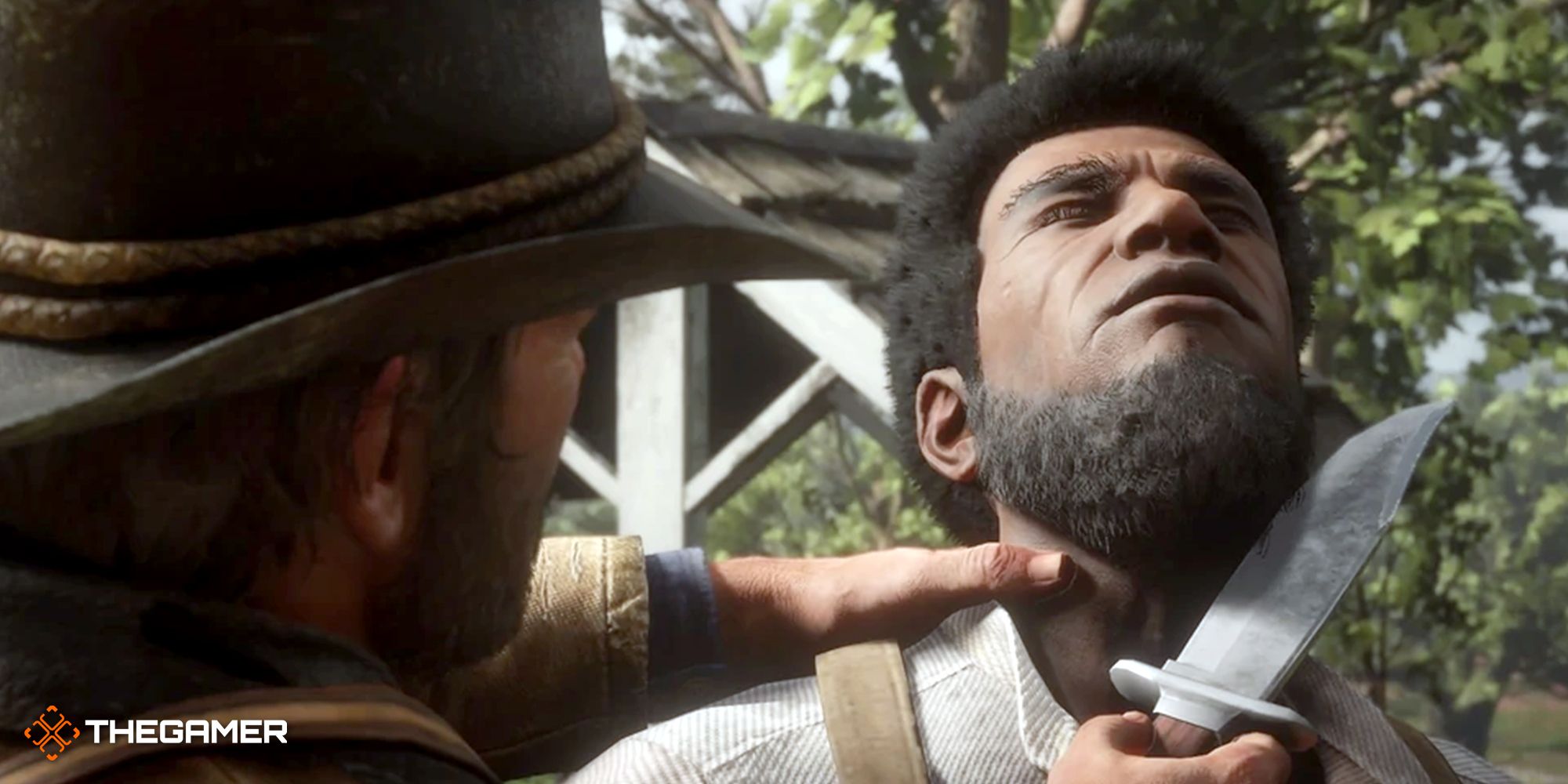 Arthur holds a knife to Anthony Foreman's neck in RDR2