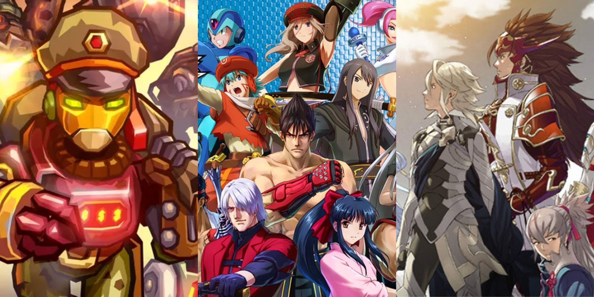A collage image showing Captain Piper Faraday in Steamworld Heist, the cast of Project XZone Characters, and Corrin and Ryoma in Fire Emblem Fates.