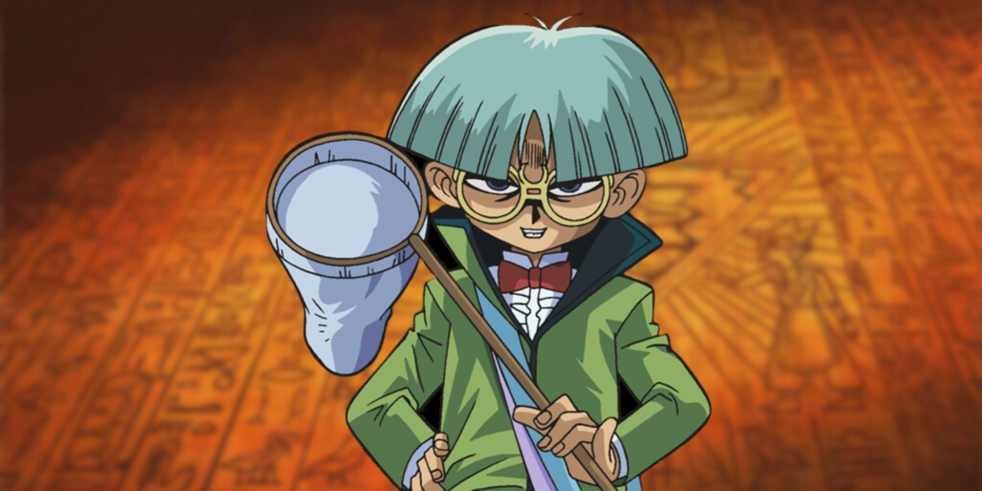 Yu-Gi-Oh! Character: Weevil Underwood on a Yu-Gi-Oh Tablet Backdrop