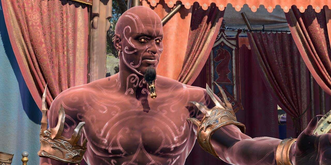 conversation cinematic with A red genie in baldur&rsquo;s gate 3