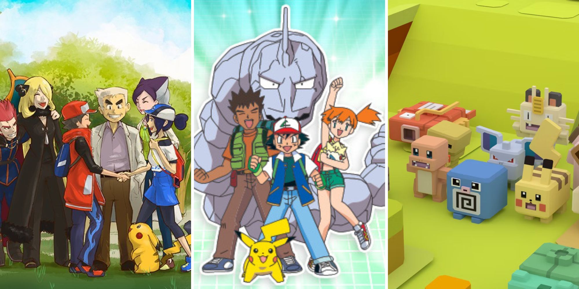 A group of Pokemon Trainers gather in a park- Ash- Brock- and Misty pose with Pikachu and Onix- Cube-shaped Pokemon gather at the bottom of a hill