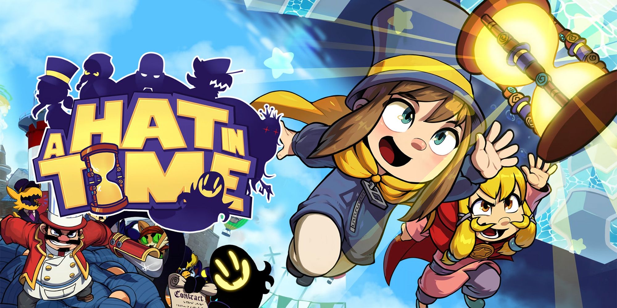 A Hat In Time - Hat Kid And Mustache Girl Reaching For An Hourglass. The Supporting Cast Is Behind Them
