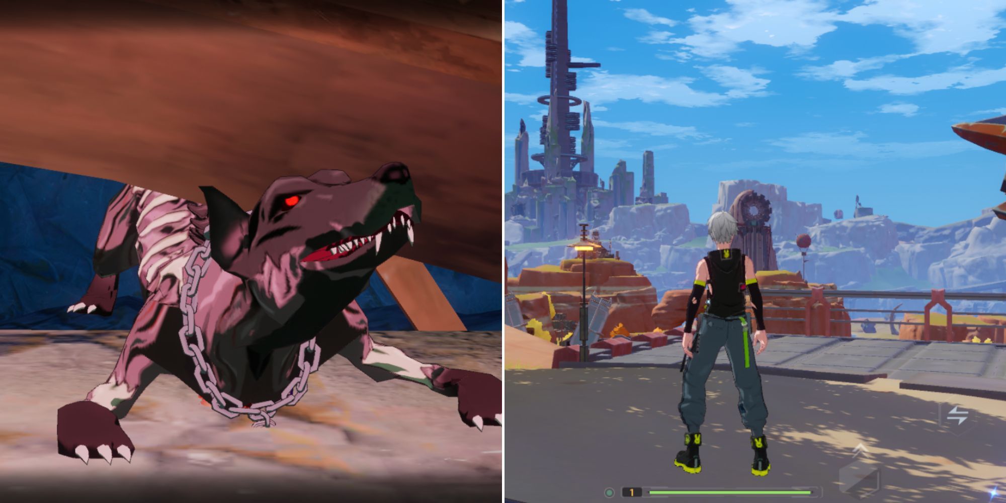 A monsterous dog chasing the protagonist and the protagonist entering the open world for the first time in Tower Of Fantasy