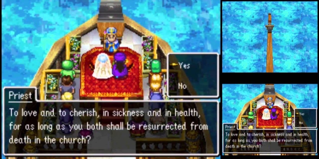 A priest officiating a marriage between the protagonist and Flora in Dragon Quest 5