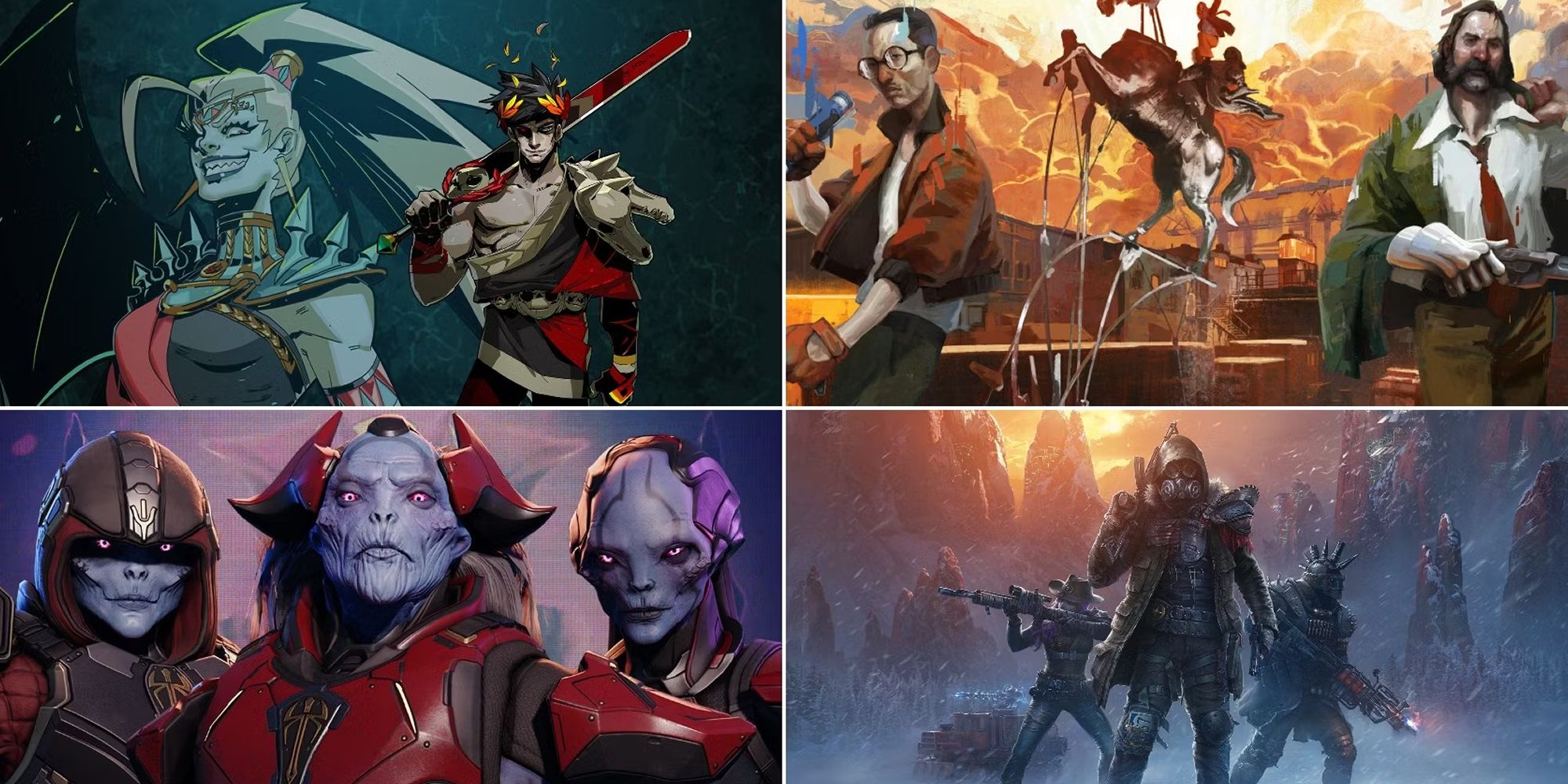 A Split Image of Scenes From Hades, XCOM 2, Disco Elysium, and Wasteland 3