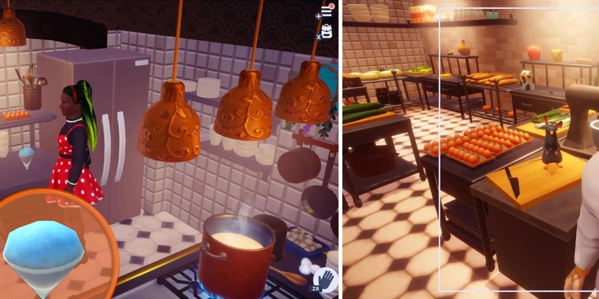 A split image of two kitchens in Disney Dreamlight Valley.