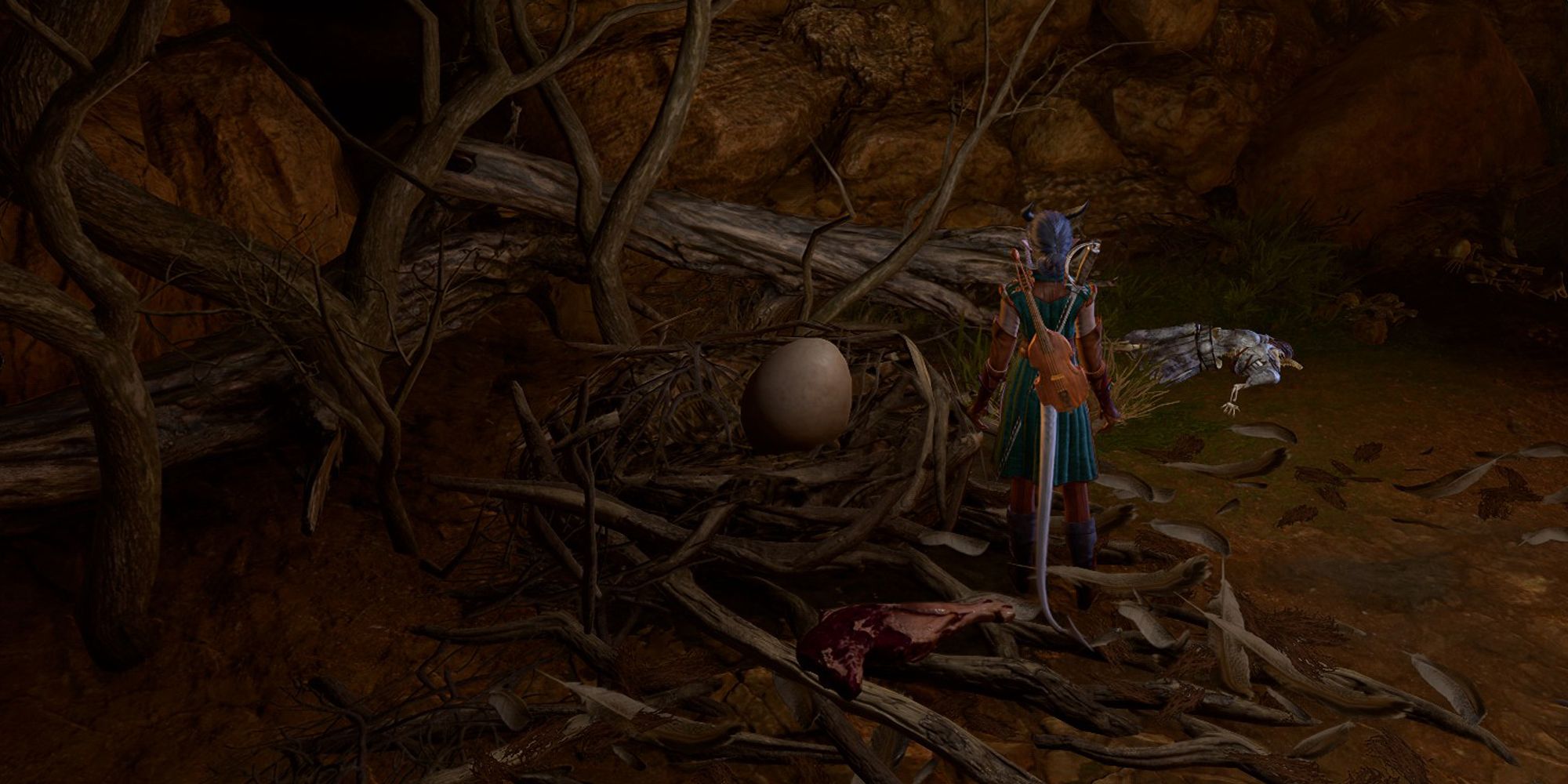 A tiefling beside the owlbear egg in Baldur's Gate 3