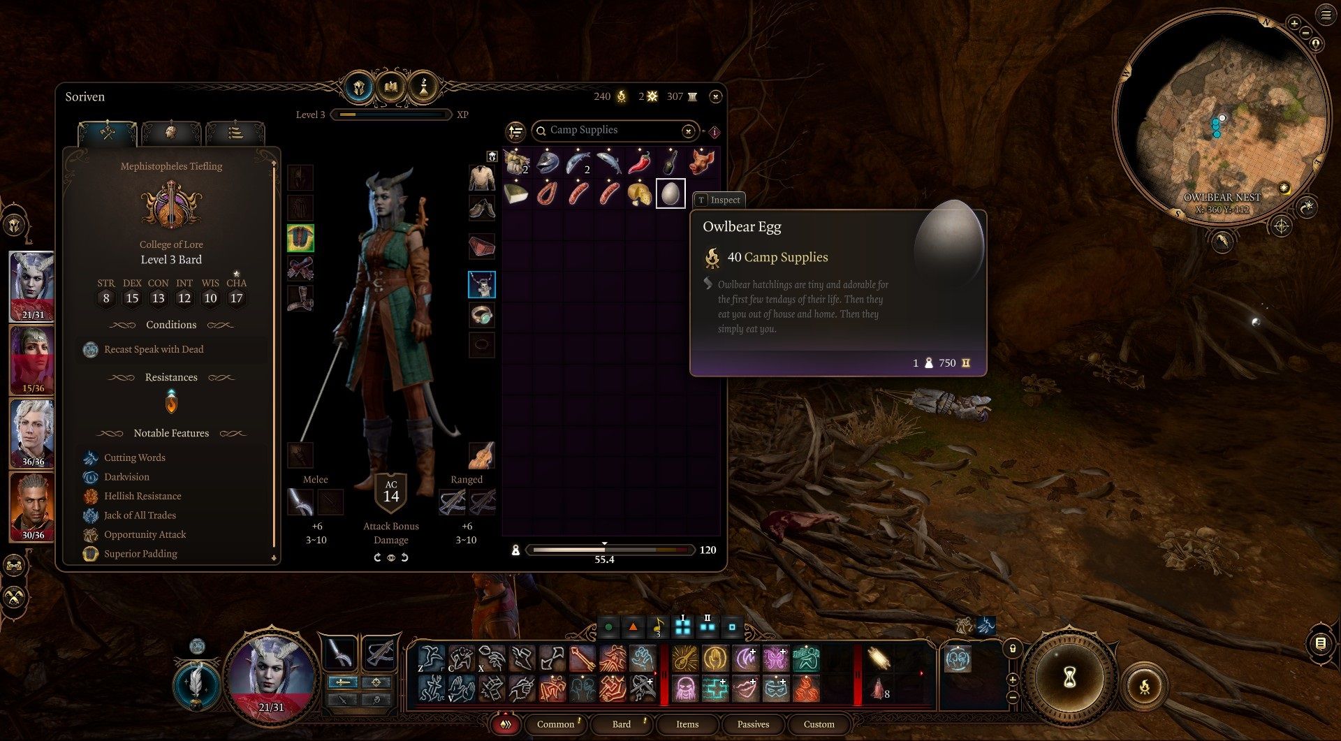 A tiefling player in the inventory screen showing the Owlbear Egg highlighted in Baldur's Gate 3.