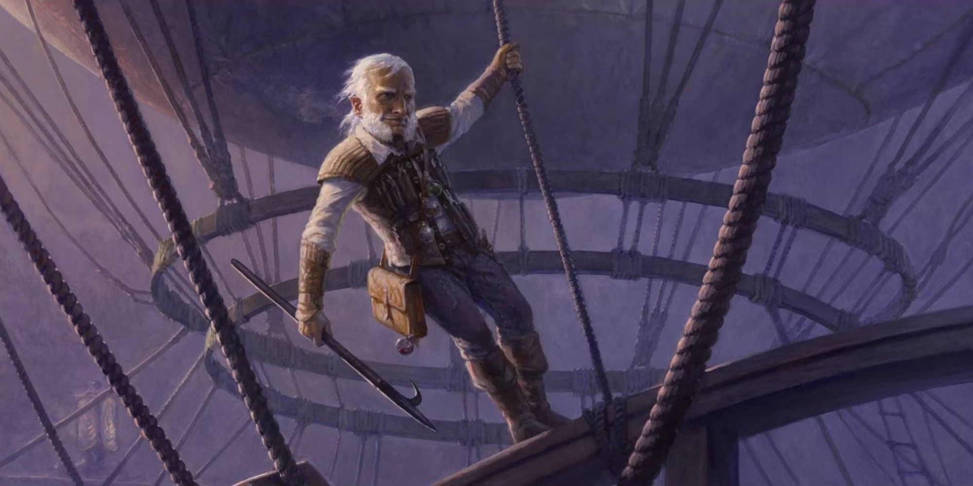 Oswald Fiddlebender the gnome artificer hanging from a rope on a skyship