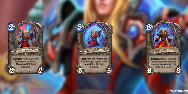 Astalor Bloodsworn, Astalor, the Protector, and Astalor, the Flamebringer cards and artwork in Hearthstone.